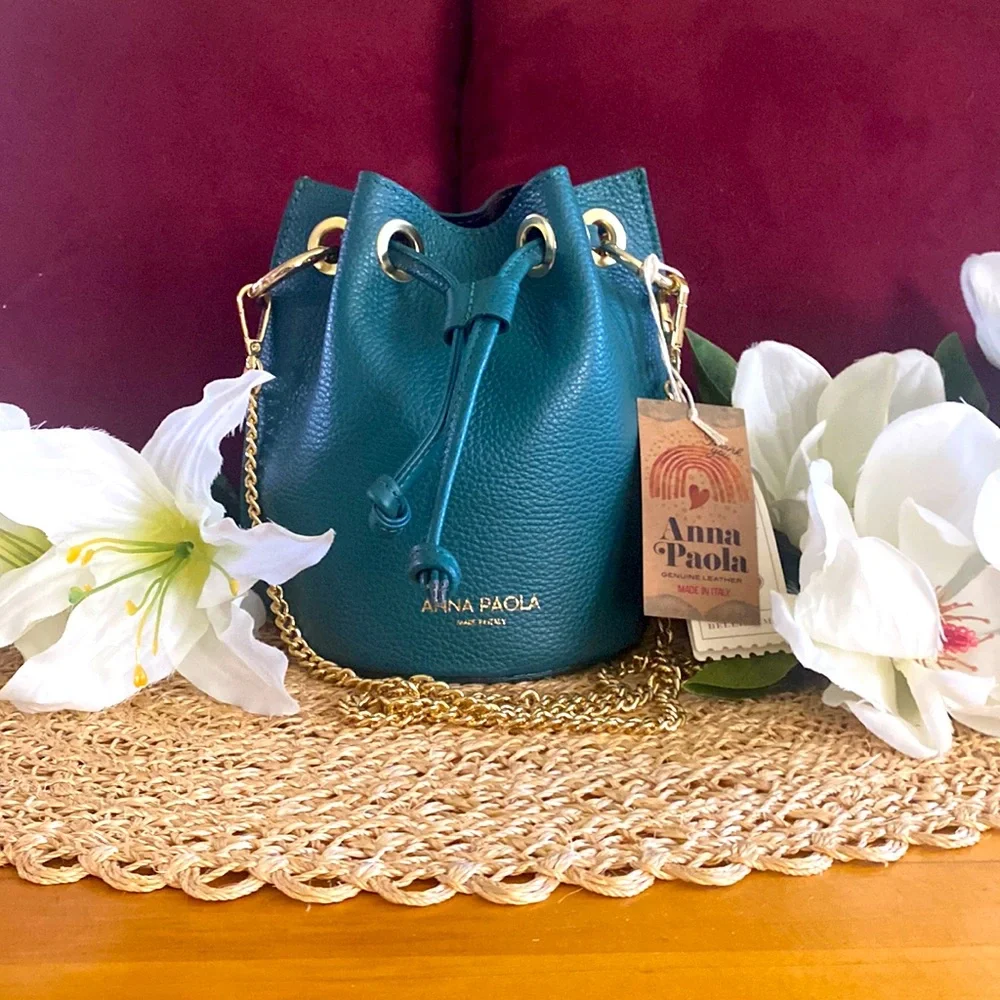 Anna Paola Italian Leather Bucket Bag + Crossbody Bag, Teal - Picture 2 of 16